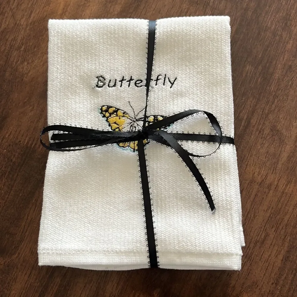 NEW flaws- Set of Gray and White 100% Cotton Embroidered Barmop Dishtowels